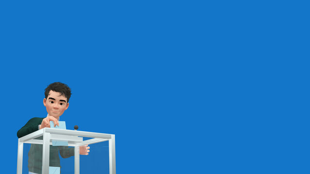 Personnage 3D souriant votant avec un bulletin bleu sur fond bleu uni - rendu 3D