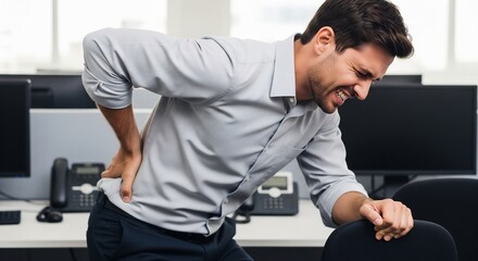 Businessman clutching back in pain at office desk