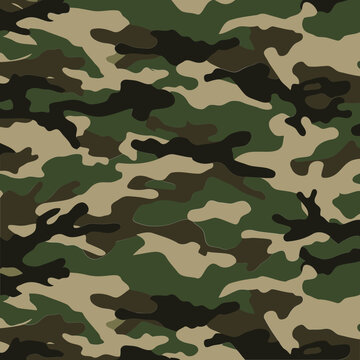 Digital camouflage pattern featuring various shades of green, tan, and black.