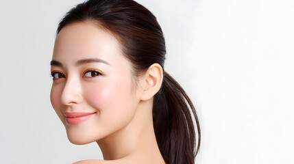 Fototapeta premium Close up portrait of a beautiful woman with healthy glowing skin a gentle smile and hair pulled back highlighting her natural elegance