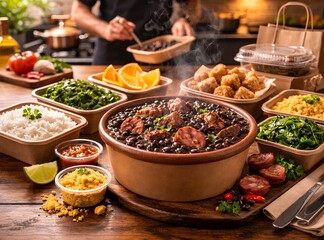 Brazilian Feijoada Traditional Food, Authentic Black Bean Stew with Typical Side Dishes, Professional Food Photography and Creative Concepts