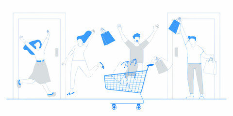 Joyful shoppers celebrate purchases with bags and a shopping cart © Ruhidas