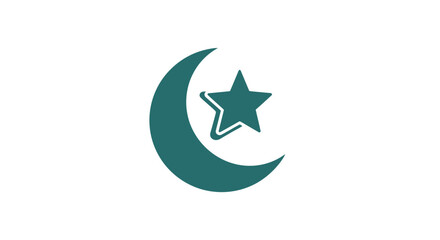 Fototapeta premium Teal green crescent moon and star symbol, Islamic religious icon on isolated white background.