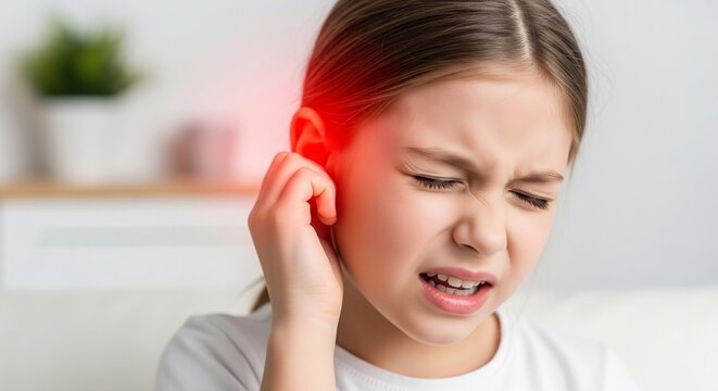 Young girl experiencing ear pain with redness