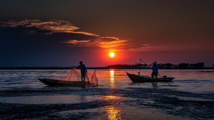 Fototapeta premium AI generator images of Traditional fishermen are using ancient fishing techniques. This beautiful silhouette depicts fishermen casting their nets during sunrise or sunset, a common sight in Southeast 