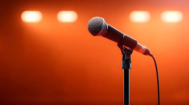 Detailed view of a professional microphone positioned on a stand on a dimly lit stage bathed in atmospheric orange stage lighting suggesting an upcoming musical performance presentation