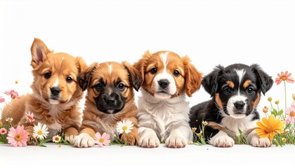 Obraz premium Four Cute Puppies Lying Together with Daisies on a White Background
