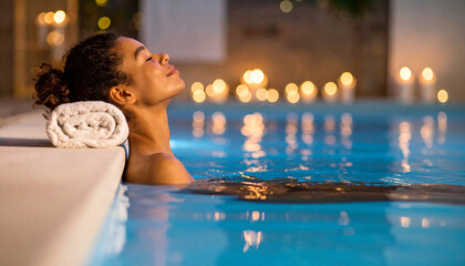 Mujer relajada en el borde de una piscina apoyada en toalla, concepto de bienestar, descanso en spa, vacaciones y experiencia de relax saludable