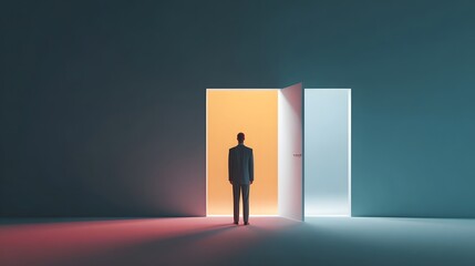 Obraz premium Conceptual image of a solitary figure in a suit contemplating two illuminated doors representing decision making contrasting paths and the unknown future ahead