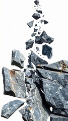 Gray Crumbled Rock Pile Isolated on White Background with Bright Sun