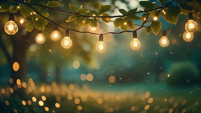 Warm string lights hanging from tree branches in a magical garden setting