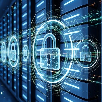 Cybersecurity and Data Protection - Secure Server Room with Digital Padlocks.