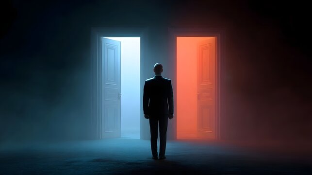 A lone figure in a suit contemplates a significant decision standing between two dramatically lit open doorways representing diverging futures or options