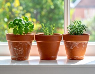 Three Herb Plants in Terracotta Pots on a White Windowsill with Sunlight