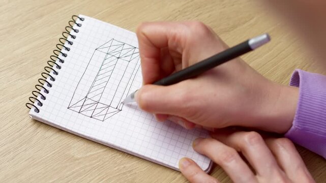 Hand drawing a technical sketch on graph paper. Concept of redesign, engineering development, and refining the project plan.