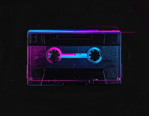 Transparent Cassette Tape with Neon Blue and Pink Outlines on Black Background