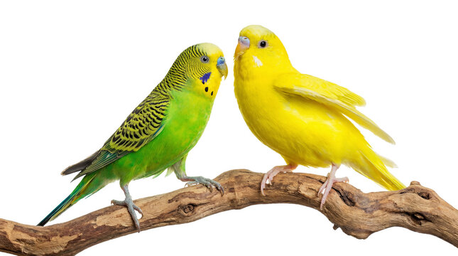 two budgerigars perched on a branch, one green and yellow, the other bright yellow, against a stark transparent background, showcasing their vibrant plumage and delicate features.