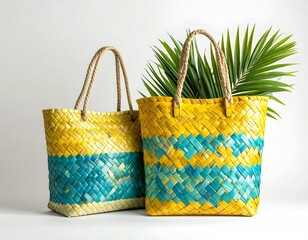 Two Woven Yellow and Teal Bags with Palm Leaf on White Background