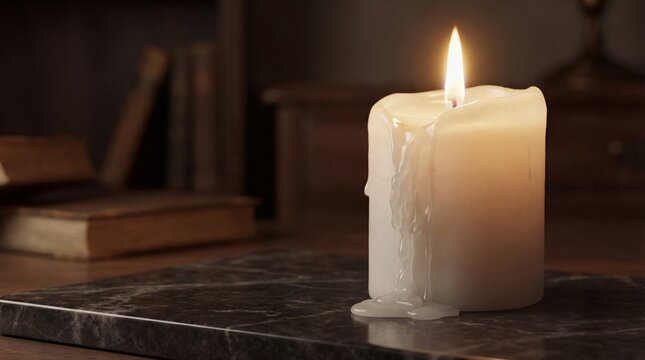 Lit white candle with dripping wax on black marble amid antique books in cozy library setting