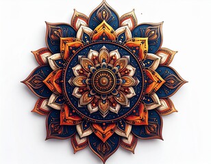 Intricate Mandala Design in Golden and Blue Hues on White Background