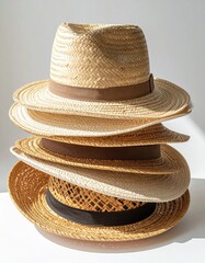 Stack of Straw Hats with Brown and Black Bands on White Background