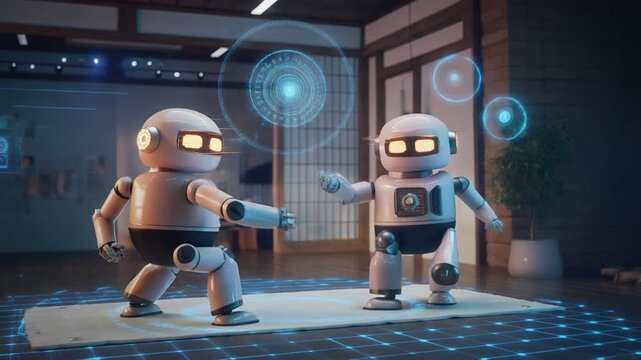 Robot hologram virtual game cozy wooden Japanese room, future technology digital portal play, glowing sci fi friendly competition