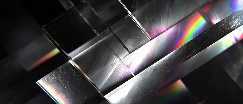 Abstract geometric background with reflective surfaces and rainbow light effects