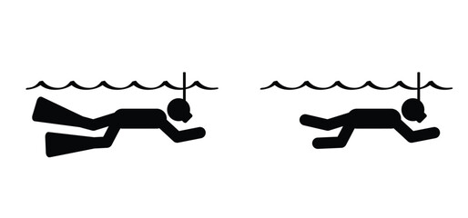Stick figure man, silhouettes of scuba diving and scuba flippers. Snorkeling, scuba diver in the sea or waterpark and scuba gear. Water sport concept. Summer, beach idea. Travel sports. Diving tools. © MarkRademaker