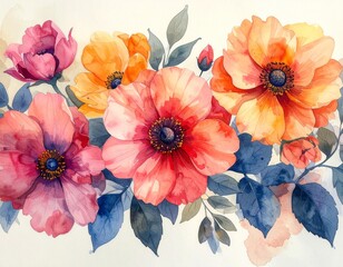 Watercolor Floral Border with Pink Orange Flowers and Blue Green Leaves