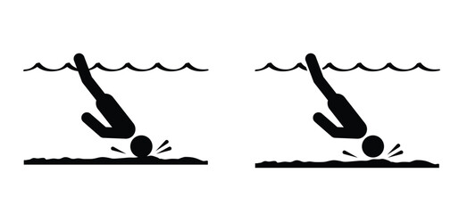 Low level water. Safety signs. Shallow water, hallow Water Dive. No swimming, jumping or diving into water. Swimming pool rules. No diving area pool. Diving in the sea, river or waterpark. © MarkRademaker