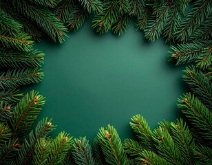 Christmas Frame of Lush Green Pine Branches on Dark Green Background