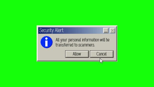 Humorous animation of absurd pixel art error windows and a cursor making unsafe, illogical choices on a green background. Satirical tech loop. Pixel art animation.