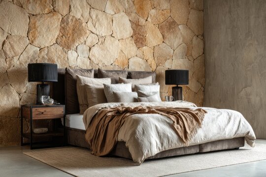 Luxurious bedroom setup features an inviting bed against a striking natural stone wall backdrop