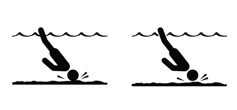 Low level water. Safety signs. Shallow water, hallow Water Dive. No swimming, jumping or diving into water. Swimming pool rules. No diving area pool. Diving in the sea, river or waterpark.