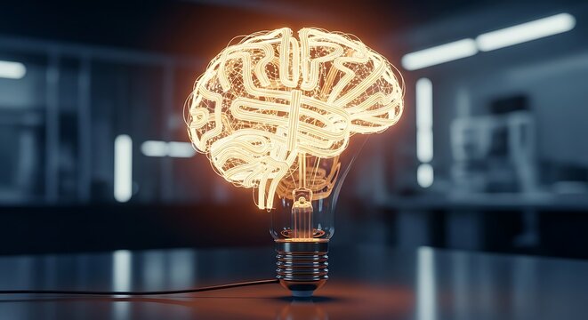 Glowing Brain Inside Lightbulb Represents Idea and Innovation.