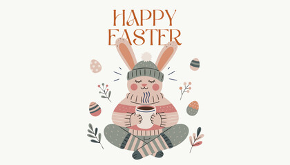 Fototapeta premium Cozy Easter Bunny with Warm Drink Illustration