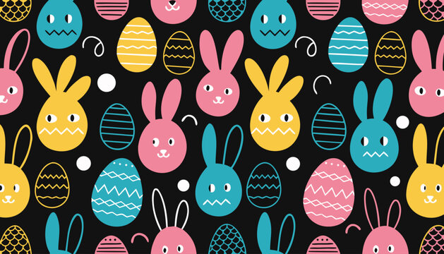 Modern black background pattern featuring stylized bunny faces and decorative Easter eggs.