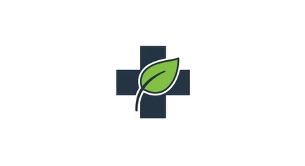 Obraz premium Illustrative icon blending a dark grey medical cross with a vibrant green leaf, symbolizing natural health, holistic wellness, and organic medicine for healthcare and well-being concepts and branding