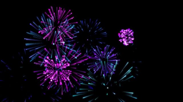 Digital Neon Fireworks Loop Background, Blue Purple Pink Cyber Style, 4K Seamless Black Background
