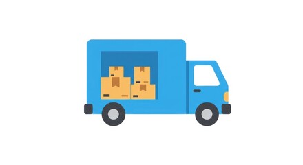 Naklejka premium Modern blue delivery truck transporting various cardboard boxes, representing efficient logistics, global shipping, and reliable freight transportation services for businesses and e-commerce