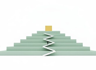 Obraz premium A minimalist illustration of a staircase with a zigzag path and a yellow cube at the top viewed from the front