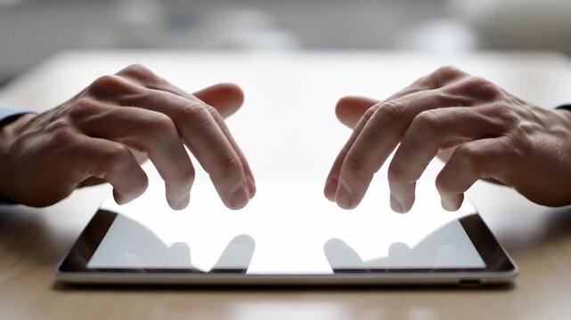 Hands of a person interacting with a tablet screen, showcasing a sequence of touch gestures on a smooth surface in a bright indoor setting