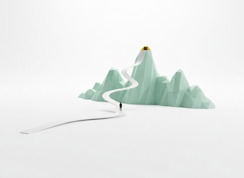 A lone traveler embarks on a winding path to the peak of a majestic mountain range