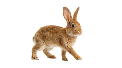 Obraz premium charming brown rabbit with large ears in motion on a transparent background, studio portrait.