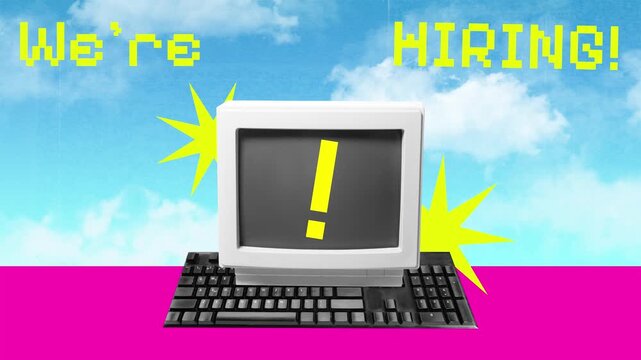 Commercial video. Vintage computer monitor showing bright exclamation mark with bold hiring typography. Concept of urgent recruitment announcement and immediate job opening campaign.
