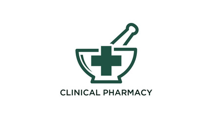 Fototapeta premium Clinical pharmacy logo with mortar and pestle symbol.