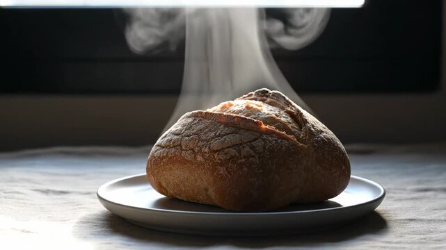 Freshly baked round bread loaf on a white plate with steam rising, illuminated by natural light from a window in a cozy kitchen setting