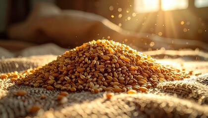 FlyPro Firefly Pile of Small Unpolished Seeds in Warm Sidelighting on Rough Textile Background