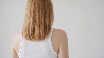 Obraz premium Woman with shoulder length blonde hair wearing white top, shot from behind. Minimalism, serene concept. Copy space for text. Plain background.