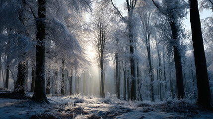 Frozen forest with ancient trees wrapped in hoarfrost under pale sunlight. Life in permafrost conditions, climate change problems on the planet. Global warming